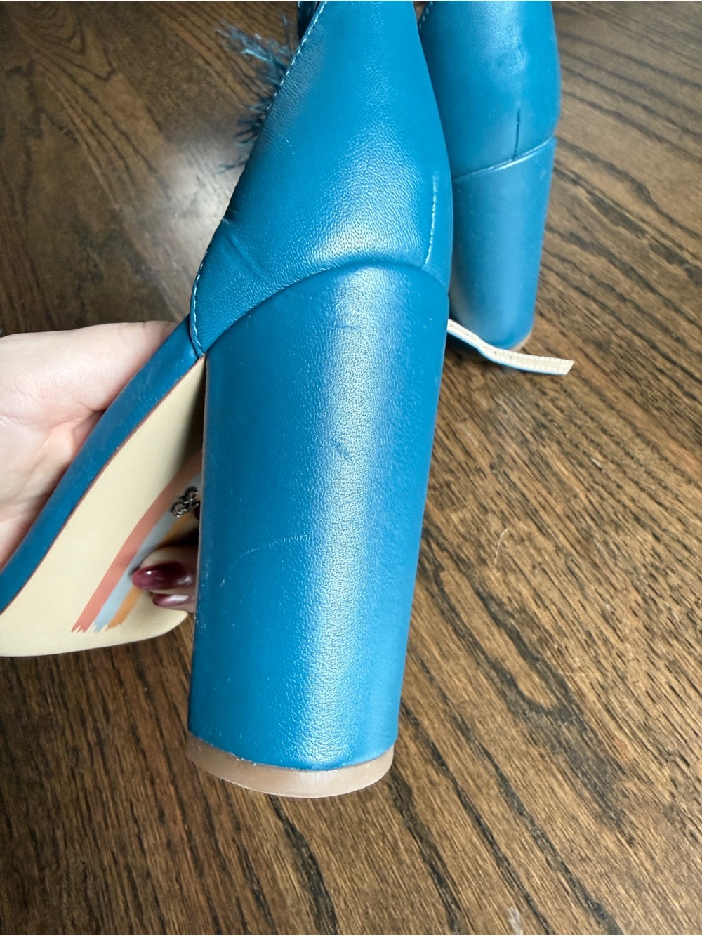 Sam Edelman Teal Feather Trim Yaro Block Heels - Picture 5 of 6